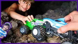 Monster Trucks Explore Lava Rock Cave!