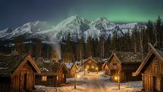 Nordic Winter Village Ambience ❄️ Aurora Borealis, Cozy Cabins, Relaxing Music & Wind (1 Hour)