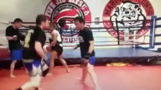Punching counter left, right hands cover,step left low kick both legs-Srisuk Muay Thai.