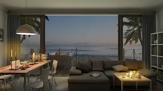 Cozy Dining/Living room with dock face the evening sea horizon (4K UltraHD)