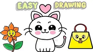 🌟 3 Easy Cute Drawings for Kids 😍 | Bag, Flower & Cat Drawing 🌟