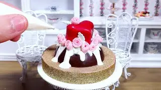Miniature Edible Heart Chocolate cake with candy roses - mini food ASMR