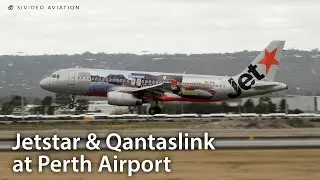 Special livery - Jetstar Airways (VH-VQK) and Qantaslink (VH-NHM) at Perth Airport.