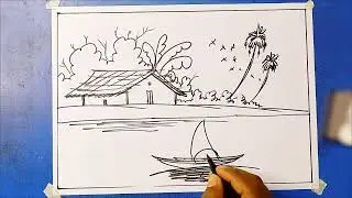 নদীর পাড়ে কুড়ে ঘর আঁকা A hut is painted on the riverbank