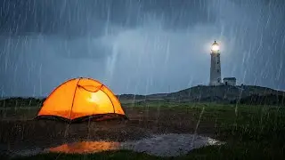 Orange Tent in Heavy Rain  Lighthouse Night ASMR Ambience
