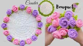 Crochet rose coaster that truns into a bouquet - Tatakan gelas bunga mawar bisa jadi buket cantik