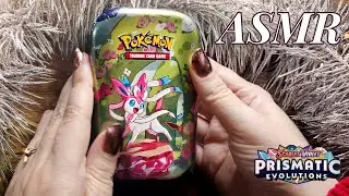 [ASMR] Prismatic Evolutions 💖 Mini Tins ✨Whispered Pok&eacute;mon Card Opening, Tapping, & Mouth Sounds