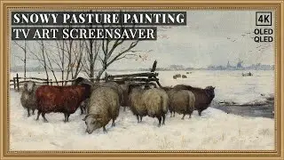 Snowy Sheep Pasture Frame TV Art | Vintage Winter Landscape Painting Screensaver 4K