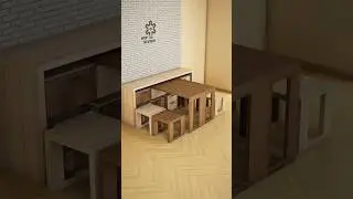 Space-Saving Multifunctional Furniture Design. Folding Table with Hidden Stools.