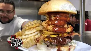 Monstrous onion ring burger at Walk Ons (Texas Eats)