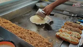 Poor man is selling chicken burger at the roadside | Egg burger making skills