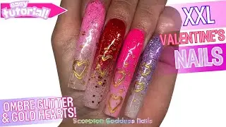 Ep. 0394 | 💖 XXL Valentine&rsquo;s Day Nails with Gold Chrome Hearts | Ombre Glitter Press-On Set Tutorial