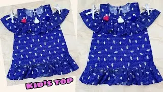 DIY- Off Shoulder Frill Top for Kid's! सिर्फ 1 मीटर कपड़े से! Baby Frock Cutting!! 7-8 year kid's !!