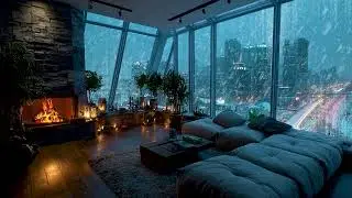 Downtown winter night | soft snow city lights and cozy silent air for rest and relaxation
