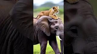 The cute elephant took the lion cub for a walk.