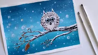 WHITE OWL ACRYLIC PAINTING TUTORIAL FOR BEGINNERS / WINTER OWL EASY ACRYLIC PAINTING