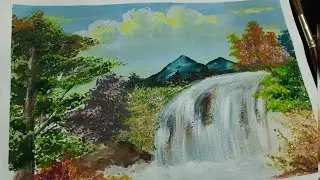 Easy Waterfall Landscape Painting tutorial for beginners l Step by step waterfall painting