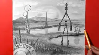 Surreal Landscape Drawing | Cool Sculpture Garden / Surrealism Pencil Sketch