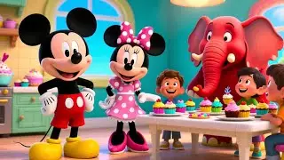Mickey Mouse & Minnie Mouse Enjoy Cake with Red Elephant Fun
