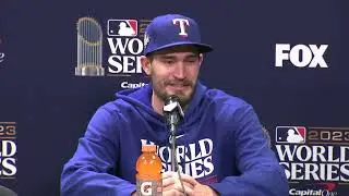 Marcus Semien, Andrew Heaney + Bruce Bochy & Rangers postgame after game 4 of World Series #mlb