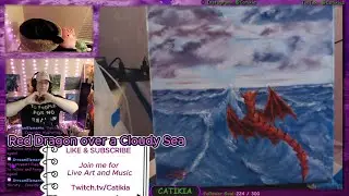 Oil Painting a Red Dragon Over A Cloudy Sea
