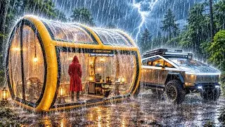 HEAVY RAIN CAMPING ⛈️ NEW INFLATABLE TENT WITH TESLA CYBERTRUCK