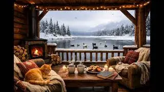 Cozy Winter Terrace Ambience ❄️ Lae view, Fireplace, Sleeping Cat & Soft Jazz Music