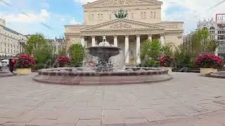 Moscow, Russia. The Bolshoi Theatre facade with Apollo's Quadriga. The Theatre Fountain designed ...