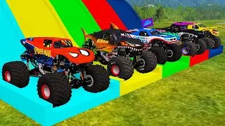 Big Monster Trucks Transport Triple Flatbed with Color Slide#