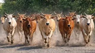 Herding a herd of cows running happily towards the vast grasslands, activities in the morning 