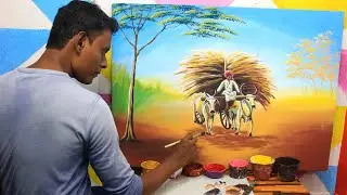 How to paint indian bullock cart | bailgadi painting | village scenery painting