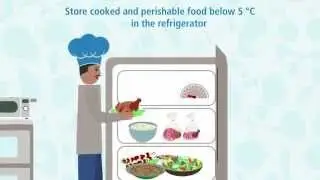 Store cooked and perishable food below 5 'C in the refrigerator