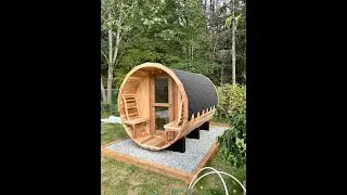 Outdoor barrel sauna with front porch, Canadian hemlock traditional steam barrel sauna kit