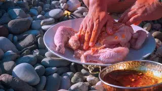 Relax with ASMR Seaside Cooking | Grilling Chicken, Eggplants, Peppers & Flatbread with Ocean Waves