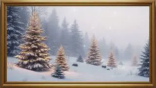 8K Gold Frame Winter TV Art  Cozy Snowy Forest with Gentle Falling Snow