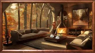 Cozy Mountain Cabin Ambience | Soft Piano, Fireplace & Falling Leaves | Framed Art