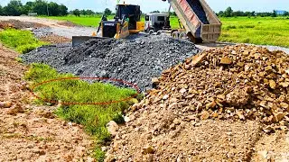 Amazing Complete Land Filling Up Task Using Skill Shantui Dozer Pushing Rock With Trucks Dumping