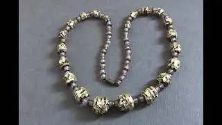 Vintage Antique Venetian Gold Lava Drizzle Foil Glass Bead Necklace