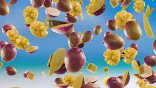 Mango with Slices Falling on Blue Beach Background.