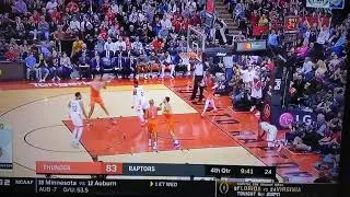Thunder and Raptors Chris Boucher dunks on Bazley. Hit on the head