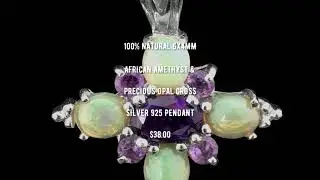 Addicted2Stuff - 100% NATURAL 6X4MM AFRICAN AMETHYST & PRECIOUS OPAL CROSS SILVER 925 PENDANT