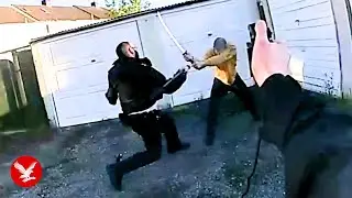 Moment samurai sword attacker is stopped by heroic cop
