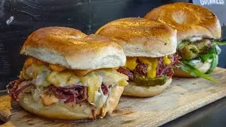 Bagels Loaded with Salted Beef, Dripping Melted Cheese and Chicken. London Street Food
