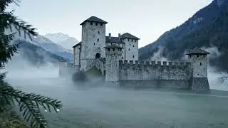 Medieval Alpine Castle Hidden in Mist: Ancient Stone Fortresses