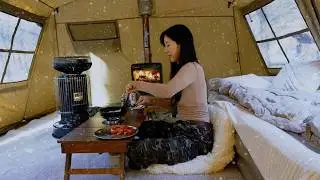 ❄️☔ RELAXING SOUNDS (ASMR) | CAMPING IN SNOW AND RAIN | COZY WOOD-FIRED STOVE
