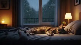 Night Rain Ambience & Relaxing Music | Cozy Bedroom, Sleeping Cat for Calm & Relaxation 🐱🌧️