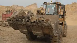 Mega Stone Loading Show: Caterpillar 966D Loading Big Rocks into Huge Trolleys
