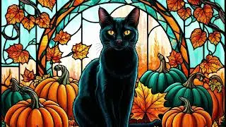 Black Cat Stained Glass Art Screensaver🕯️Moody Gothic Halloween Print for Samsung Frame TV Artwork