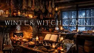 RUSTIC WINTER WITCH CABIN AMBIENCE-CRACKLING FIREPLACE-SOFT WINTER STORM SOUNDS-COZY KITCHEN