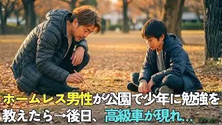 会社の上司に裏切られホームレスになった男性が公園で泣いている少年に勉強を教えてあげたら→3週間後、黒塗りの高級車が現れて…【感動する話】